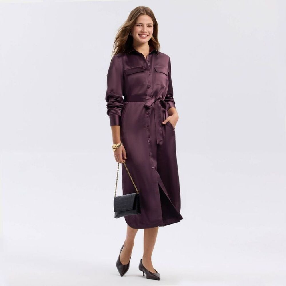 A New Day - Women's Long Sleeve Belted Satin Midi Shirtdress - Red - Picture 3 of 3